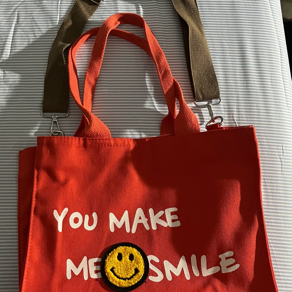 Orange Canvas Tote Bag with Smile Patch